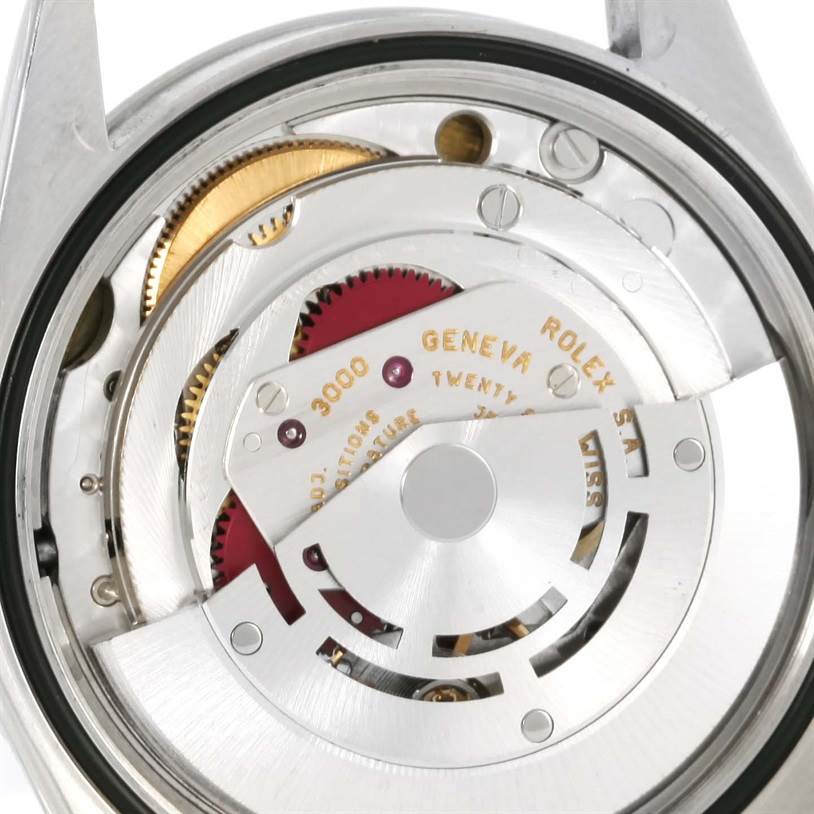 This close-up image shows the intricate internal movement of the Rolex Explorer 14270 Men's Stainless Steel Black Dial 14270 Men's Stainless Steel Black Dial watch.