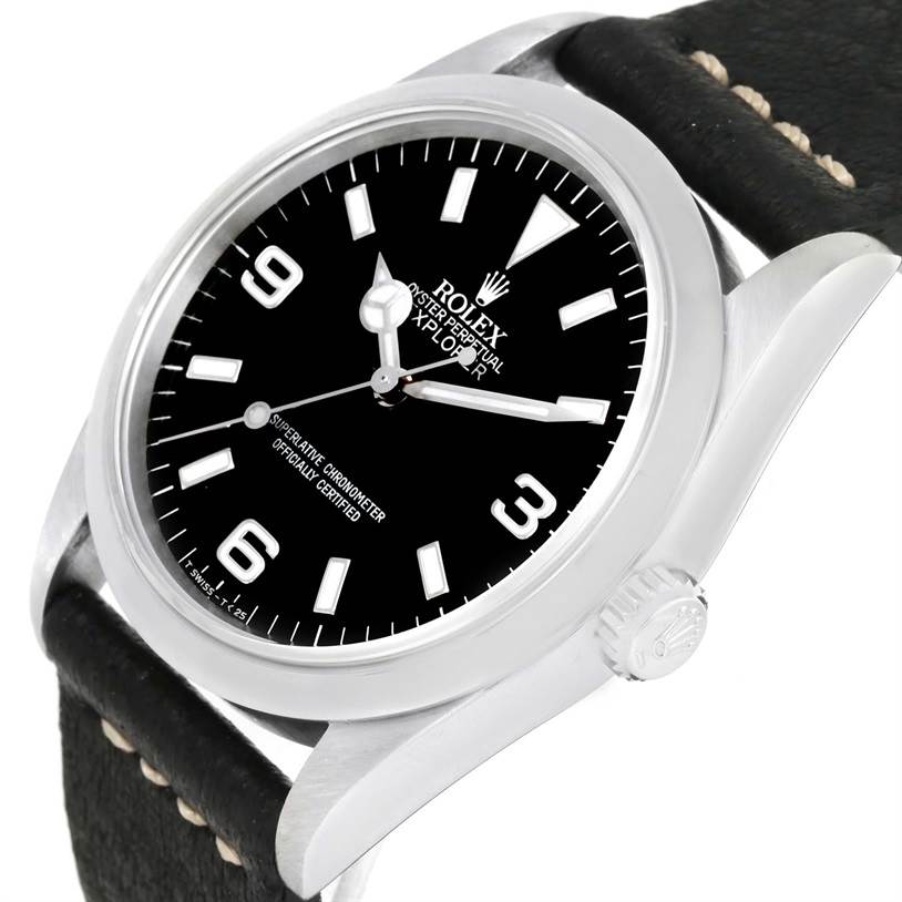 The image shows a close-up angled view of a Rolex Explorer 14270 Men's Stainless Steel Black Dial 14270 Men's Stainless Steel Black Dial watch, displaying the face, crown, and part of the leather strap.