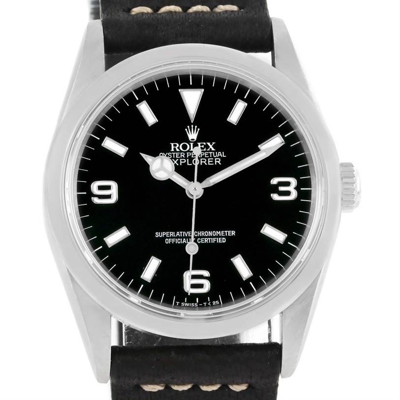This image shows a front view of a Rolex Explorer 14270 Men's Stainless Steel Black Dial 14270 Men's Stainless Steel Black Dial watch, highlighting the black dial, silver bezel, and part of the leather strap.