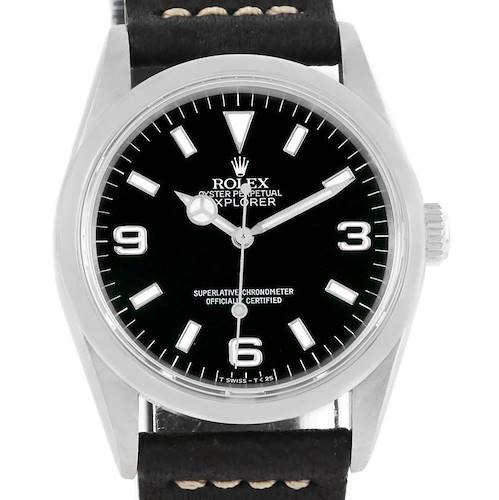 Photo of Rolex Explorer I Mens Steel Black Dial Leather Strap Watch 14270
