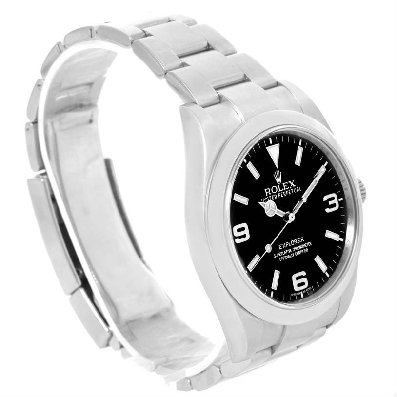 This image shows a Rolex Explorer 214270 Men's Stainless Steel Black Dial 214270 Men's Stainless Steel Black Dial watch at a slight angle, highlighting the face, bezel, crown, and bracelet.