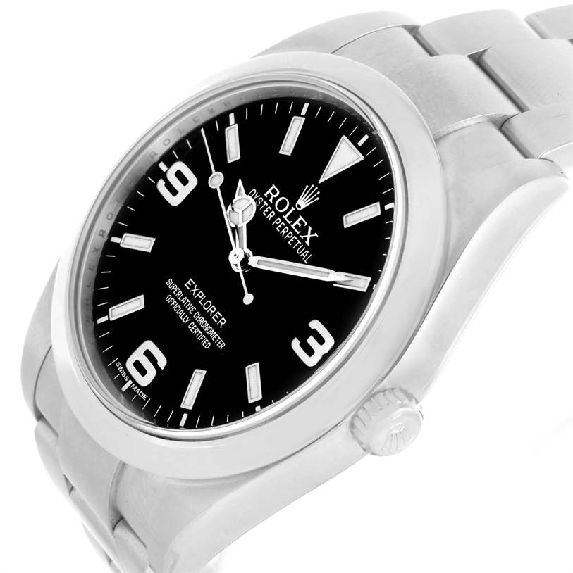 This image shows a Rolex Explorer 214270 Men's Stainless Steel Black Dial 214270 Men's Stainless Steel Black Dial watch at a slight angle, highlighting the face, bezel, crown, and part of the bracelet.