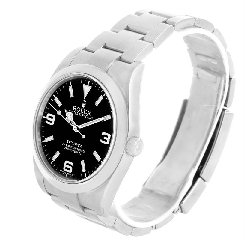 This image shows the Rolex Explorer 214270 Men's Stainless Steel Black Dial 214270 Men's Stainless Steel Black Dial watch from a three-quarter angle, highlighting the dial, crown, and bracelet.