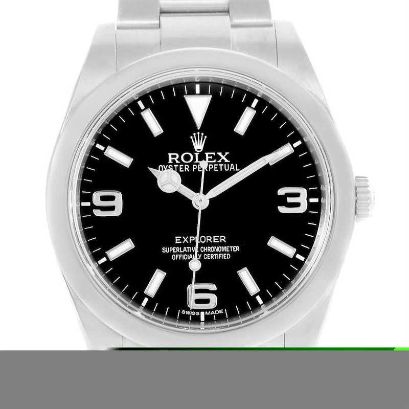 The image shows a front view of the Rolex Explorer watch, displaying the dial, bezel, and part of the bracelet.