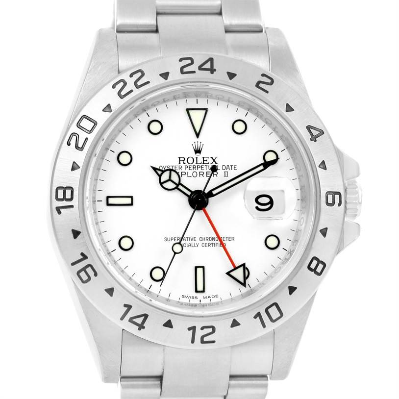 The image displays a front view of the Rolex Explorer 16570 Men's Stainless Steel White Dial 16570 Men's Stainless Steel White Dial watch, showcasing its face, bezel, and bracelet.