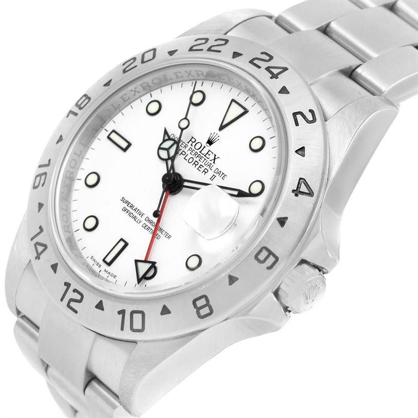 This image shows a Rolex Explorer 16570 Men's Stainless Steel White Dial 16570 Men's Stainless Steel White Dial watch at an angled close-up, highlighting the face, bezel, and part of the bracelet.