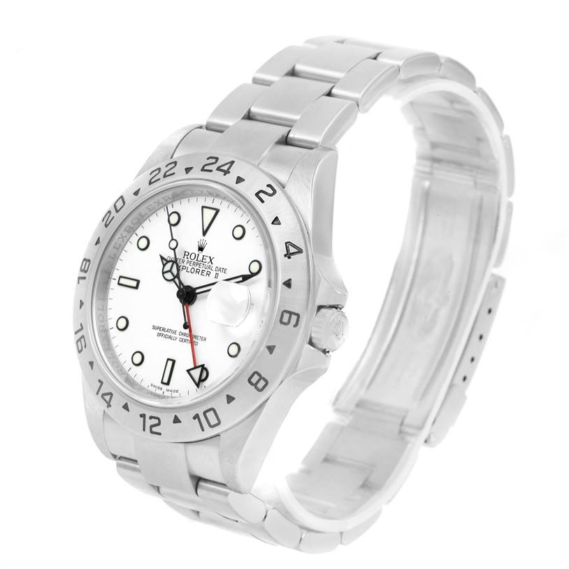 The image shows a Rolex Explorer 16570 Men's Stainless Steel White Dial 16570 Men's Stainless Steel White Dial watch from a front-left angle, displaying the face, bezel, crown, and part of the bracelet.