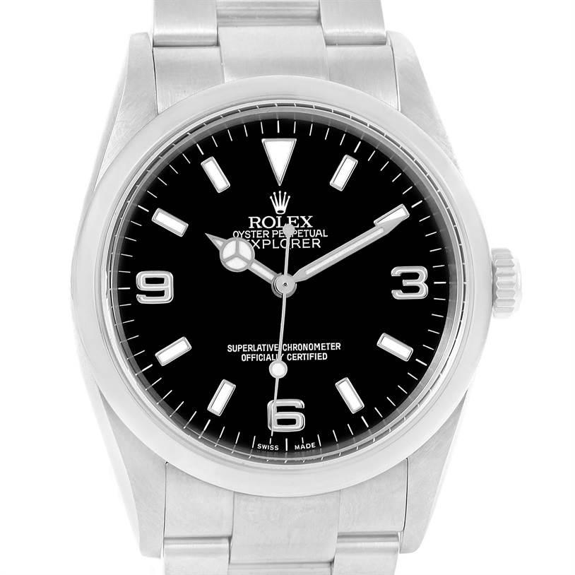 The image shows a frontal view of a Rolex Explorer 114270 Men
s Stainless Steel Black Dial 114270 Men
s Stainless Steel Black Dial watch, displaying its face and part of the bracelet.