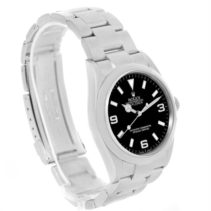The image shows a Rolex Explorer 114270 Men
s Stainless Steel Black Dial 114270 Men
s Stainless Steel Black Dial watch at a three-quarter angle, displaying the bracelet, case, and dial clearly.