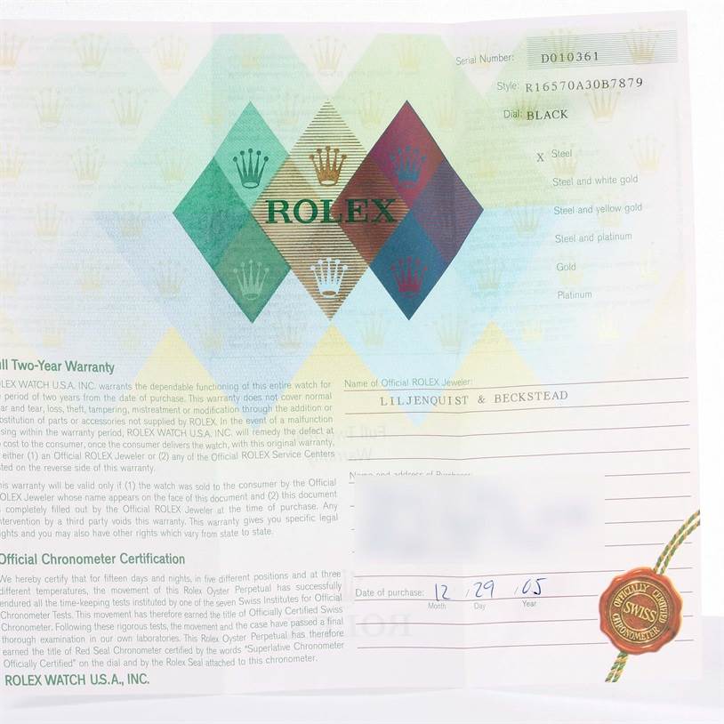 This image shows a warranty card for a Rolex Explorer 16570 Men's Stainless Steel Black Dial 16570 Men's Stainless Steel Black Dial watch, featuring details like the serial number, style, and date of purchase.