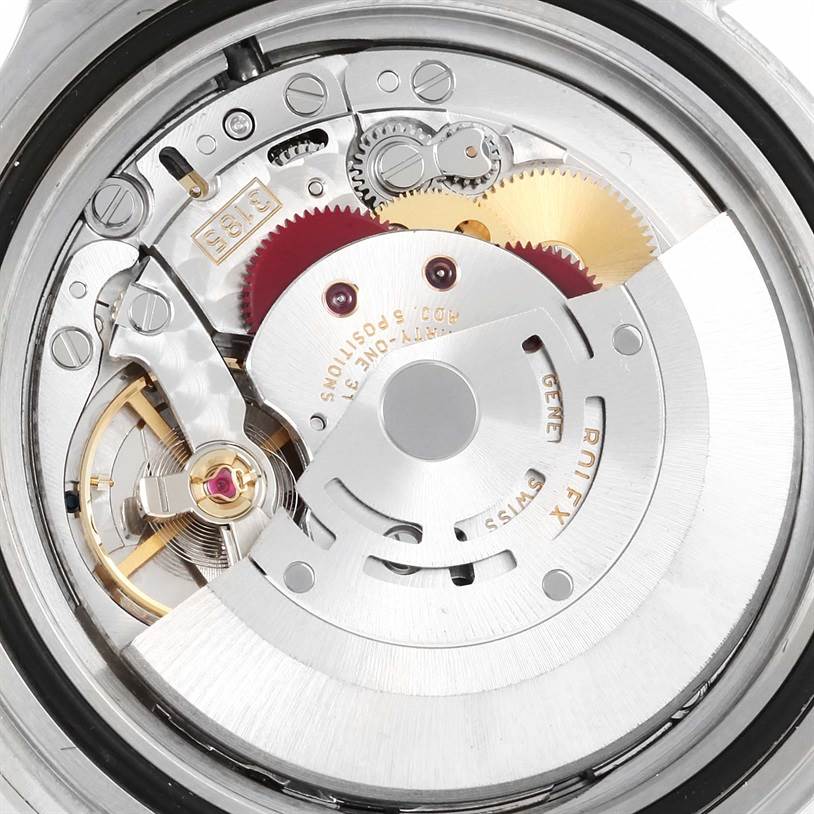 This image shows the interior movement parts of a Rolex Explorer 16570 Men's Stainless Steel Black Dial 16570 Men's Stainless Steel Black Dial watch from a close-up, top-down angle.