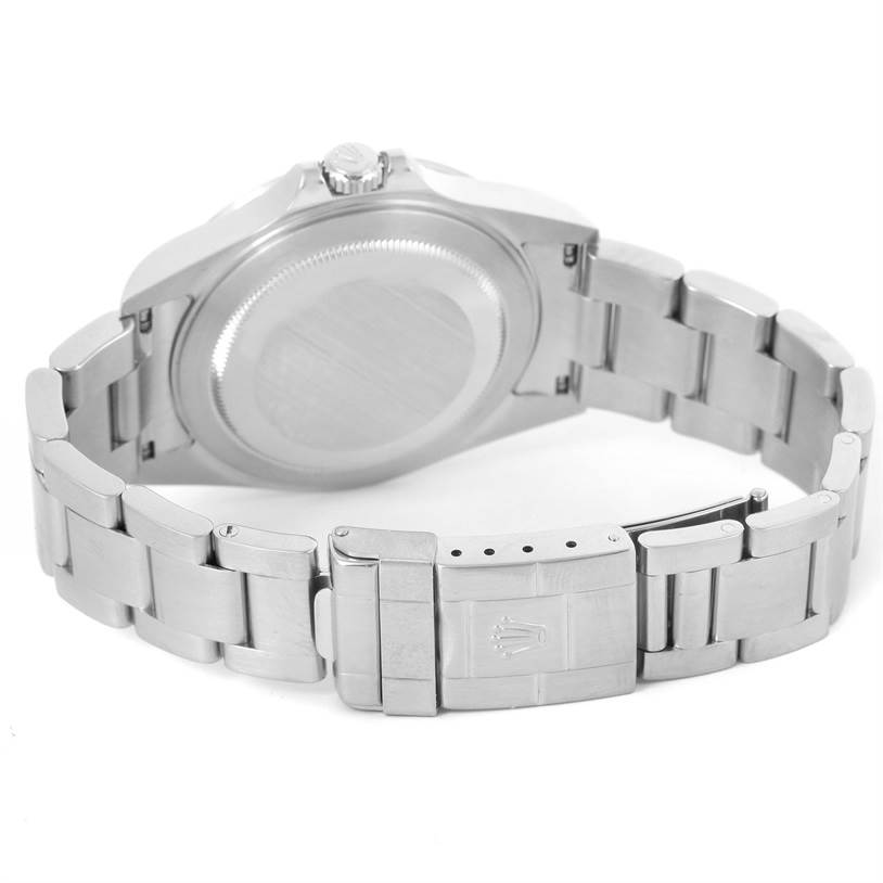 The image shows the back case and bracelet clasp of a Rolex Explorer 16570 Men's Stainless Steel Black Dial 16570 Men's Stainless Steel Black Dial watch at a rear angle.