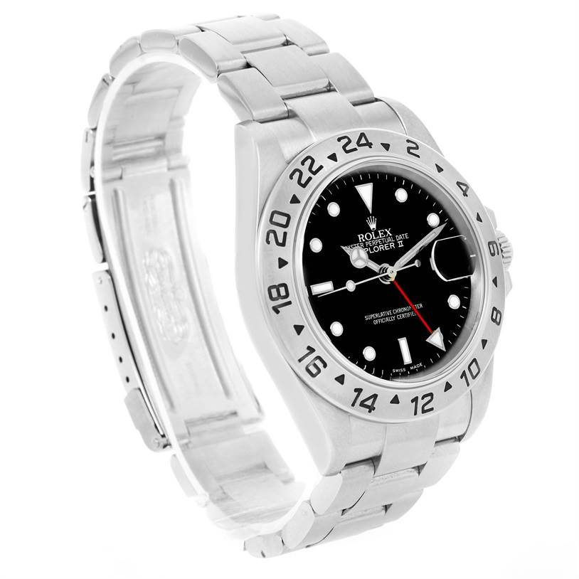 The Rolex Explorer 16570 Men's Stainless Steel Black Dial 16570 Men's Stainless Steel Black Dial model is shown from a front angle, highlighting its dial, bezel, crown, and bracelet.