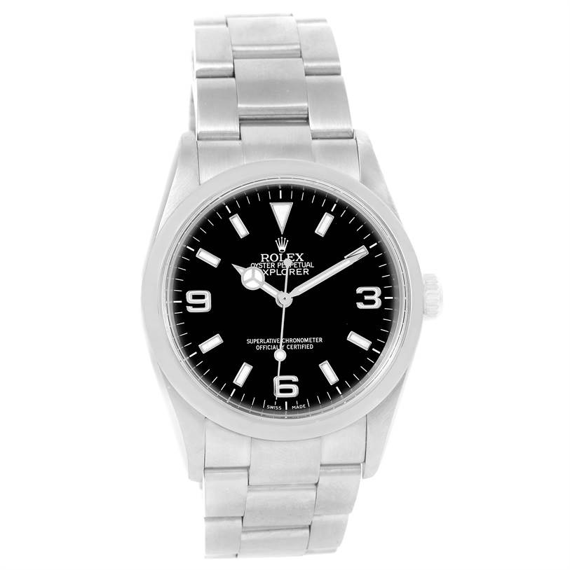 This image shows a front view of the Rolex Explorer 114270 Men's Stainless Steel Black Dial 114270 Men's Stainless Steel Black Dial watch, displaying its face, bezel, and bracelet.