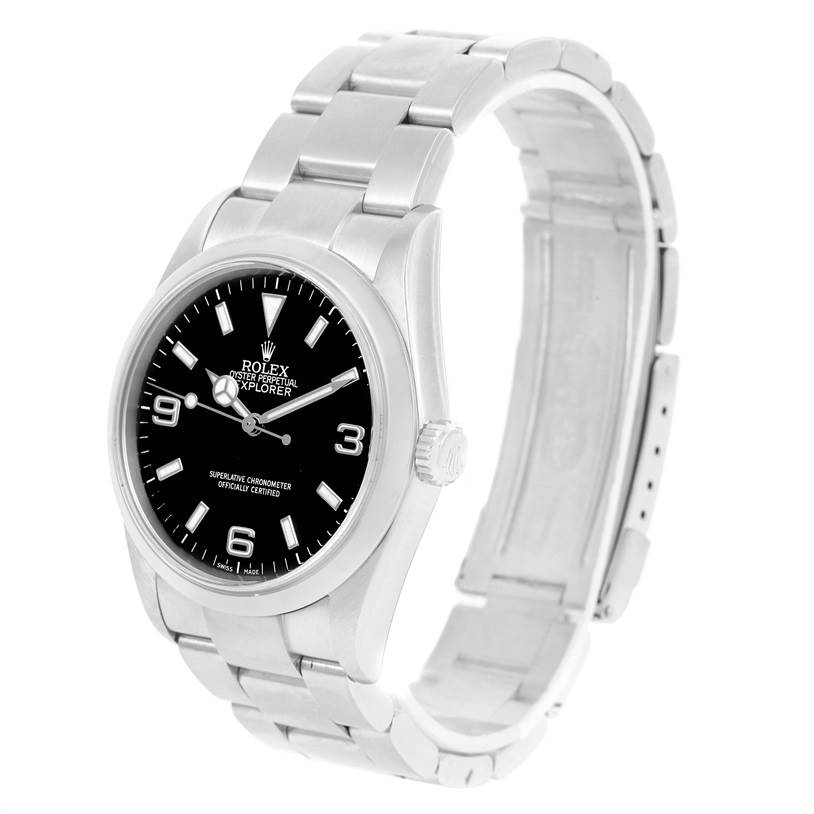 The Rolex Explorer 114270 Men's Stainless Steel Black Dial 114270 Men's Stainless Steel Black Dial model is shown from a three-quarter angle, highlighting the dial, bezel, crown, and bracelet.