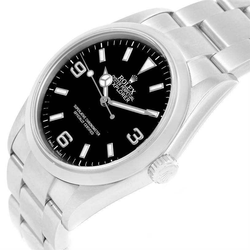 The image shows a side angle view of a Rolex Explorer 114270 Men's Stainless Steel Black Dial 114270 Men's Stainless Steel Black Dial watch, featuring the dial, case, and part of the bracelet.