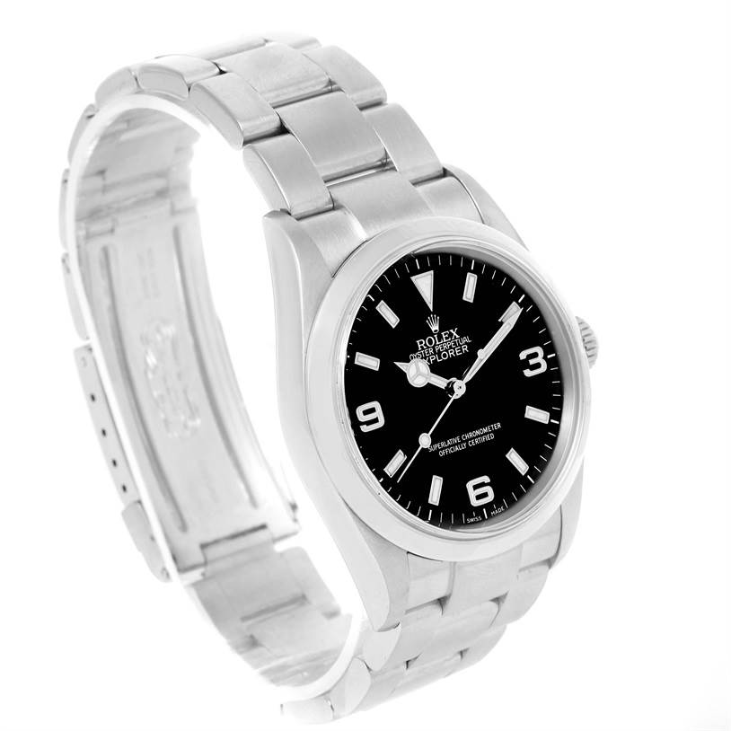 The image shows a Rolex Explorer 114270 Men's Stainless Steel Black Dial 114270 Men's Stainless Steel Black Dial watch from a slightly elevated front-right angle, highlighting the dial and the bracelet.