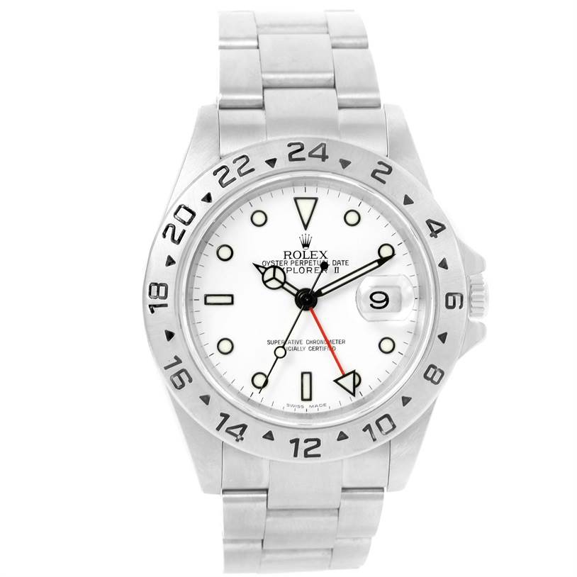 This Rolex Explorer 16570 Men's Stainless Steel White Dial 16570 Men's Stainless Steel White Dial watch is shown from a front angle, displaying the face, bezel, and part of the bracelet.