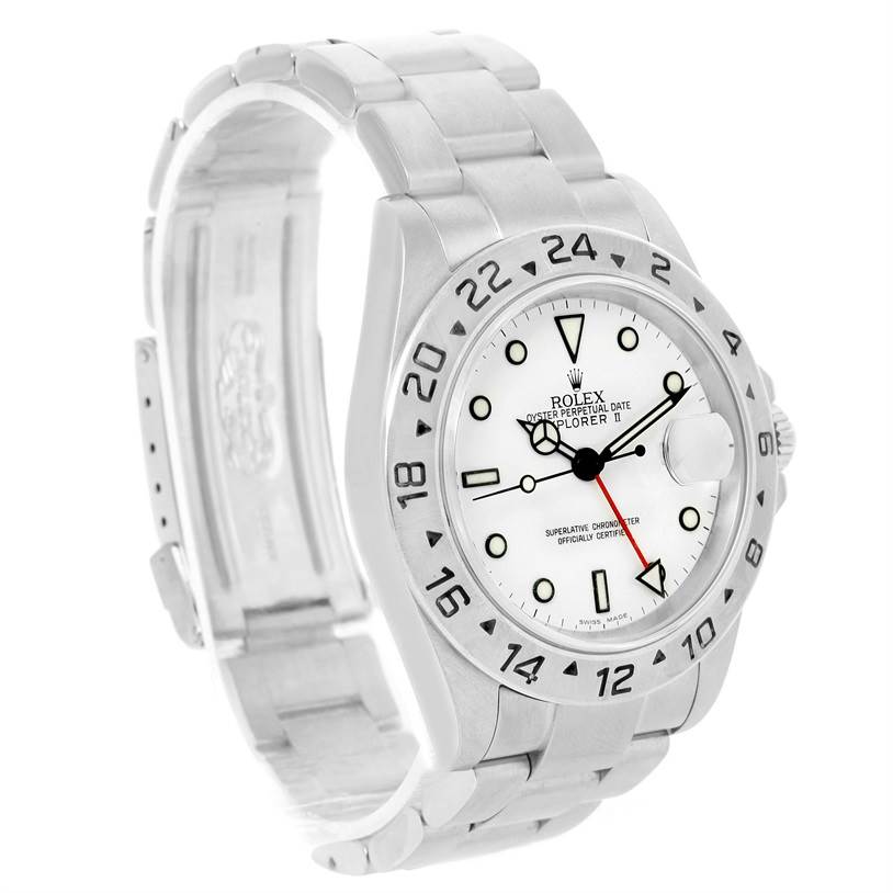 The image shows a side angle of the Rolex Explorer 16570 Men's Stainless Steel White Dial 16570 Men's Stainless Steel White Dial watch, displaying the face, bezel, and partially open metal bracelet.