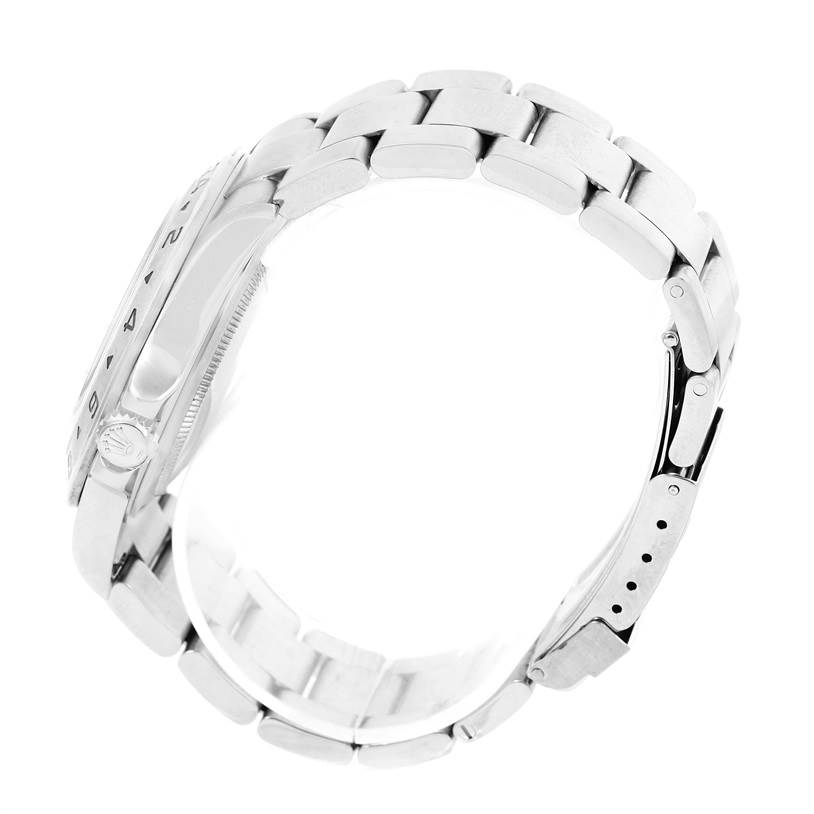 The image shows a side view of the Rolex Explorer 16570 Men's Stainless Steel White Dial 16570 Men's Stainless Steel White Dial watch, highlighting the stainless steel band and crown.