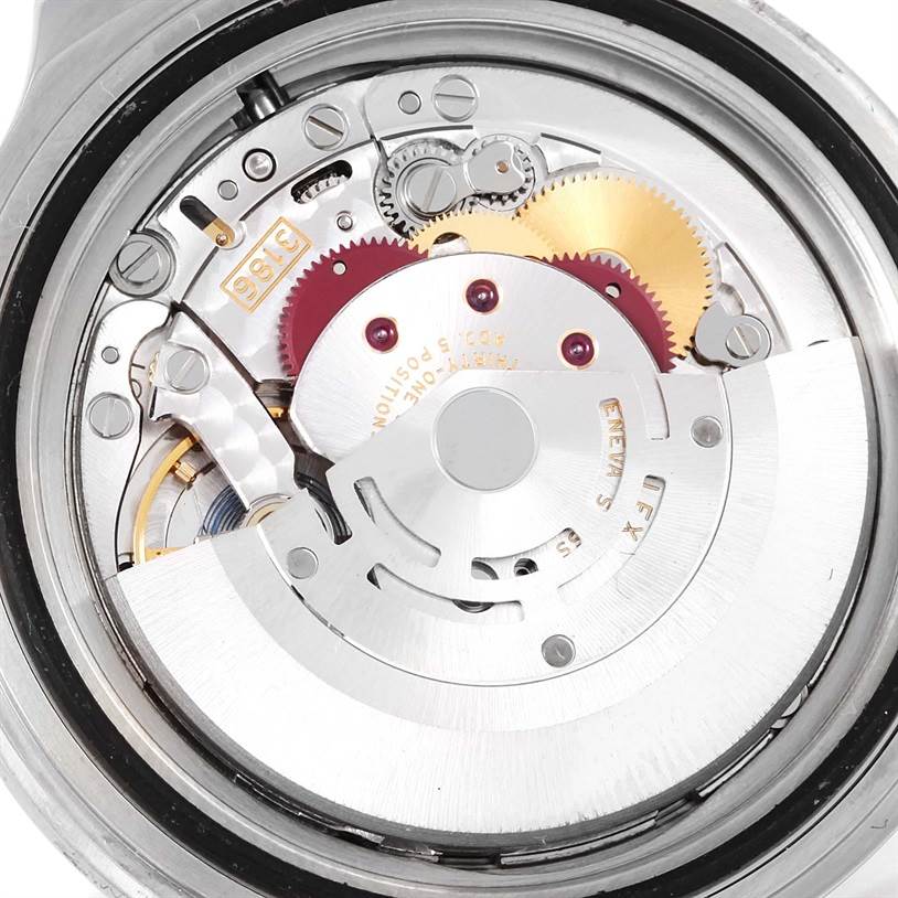 This image shows the movement mechanism of a Rolex Explorer 16570 Men's Stainless Steel White Dial 16570 Men's Stainless Steel White Dial watch viewed from the back.
