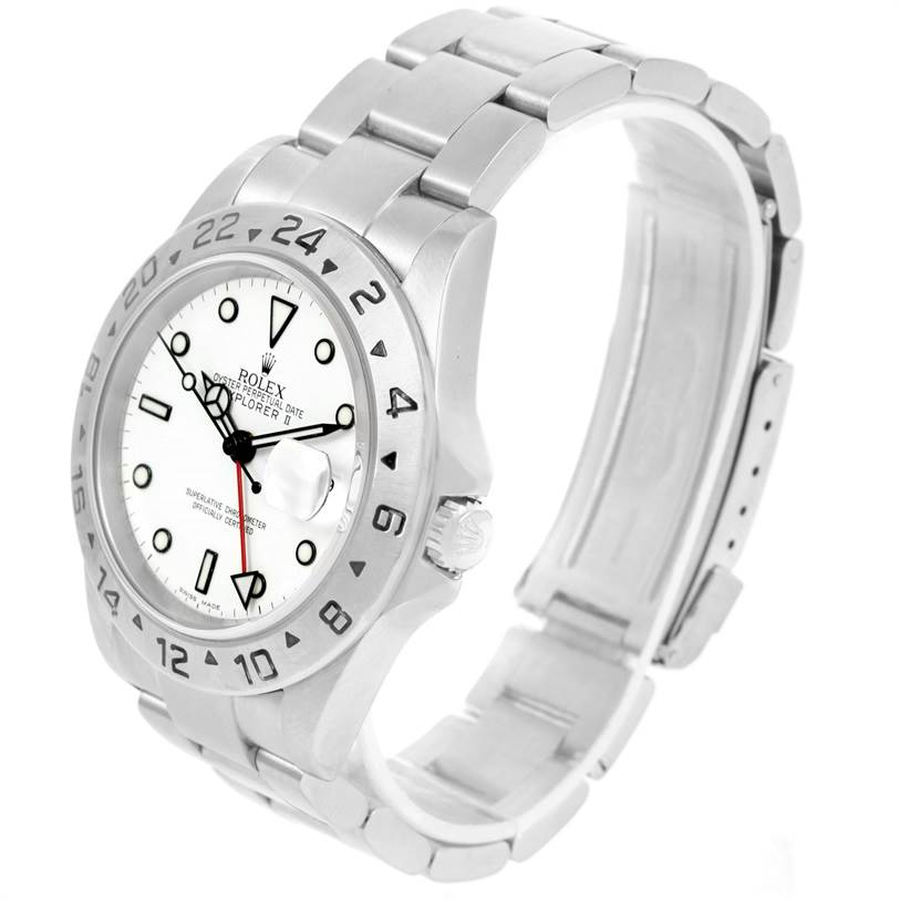 The Rolex Explorer 16570 Men's Stainless Steel White Dial 16570 Men's Stainless Steel White Dial model watch is shown at a three-quarter angle, displaying the bracelet, bezel, face, and crown.