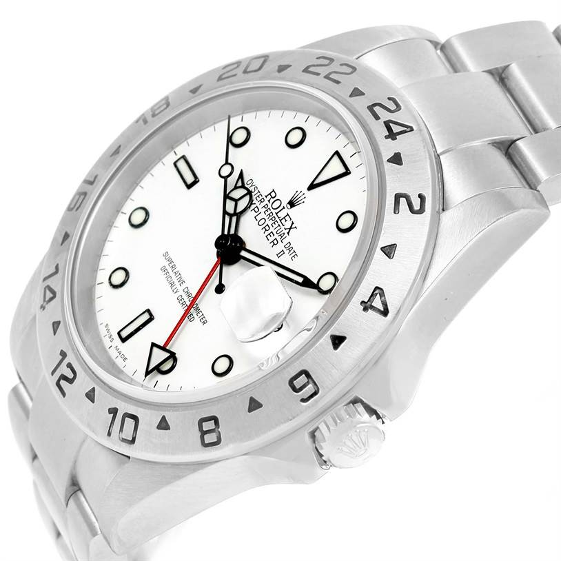 This Rolex Explorer 16570 Men's Stainless Steel White Dial 16570 Men's Stainless Steel White Dial model watch is shown at an angled side view, highlighting the bezel, dial, crown, and part of the bracelet.