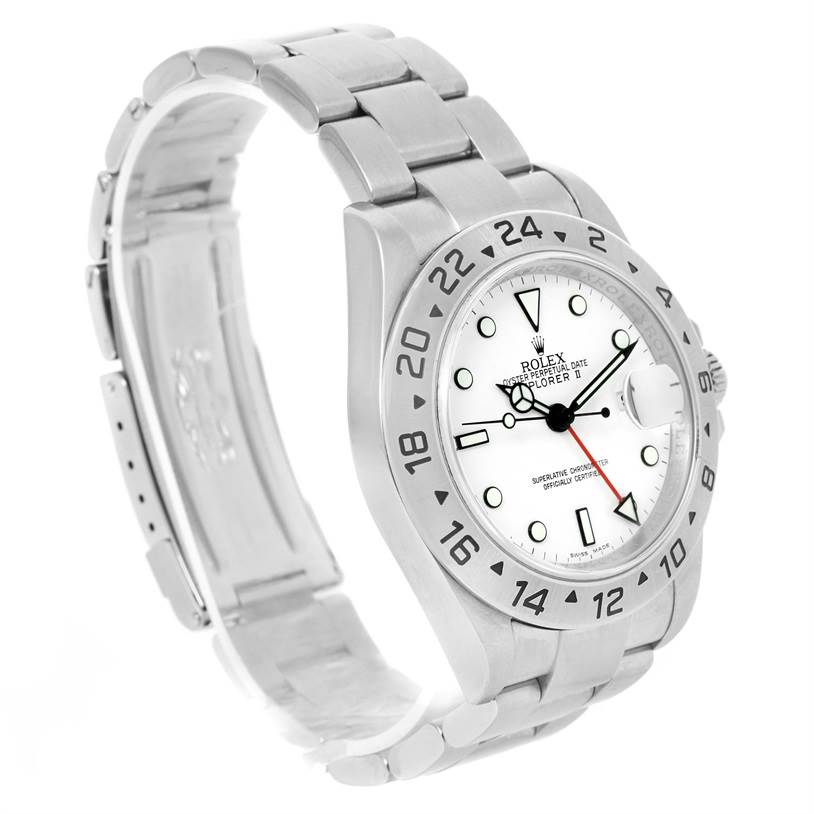 The image shows a side angle of the Rolex Explorer 16570 Men's Stainless Steel White Dial 16570 Men's Stainless Steel White Dial watch, displaying the bracelet, case, dial, and part of the bezel.