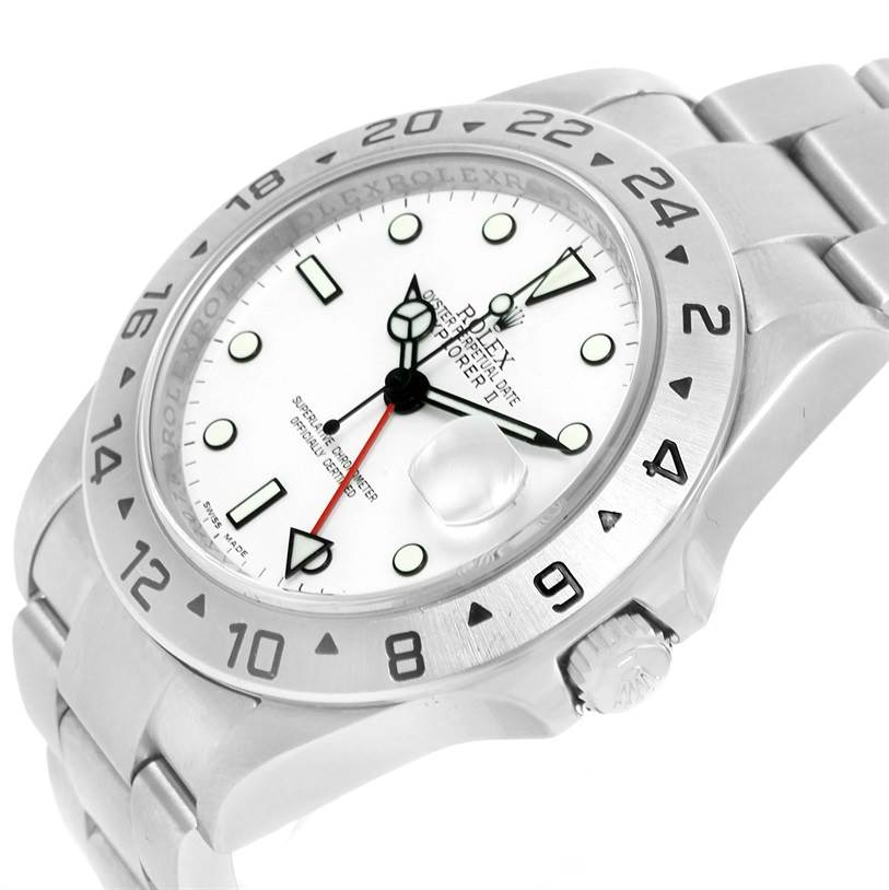 The image shows an angled view of the Rolex Explorer 16570 Men's Stainless Steel White Dial 16570 Men's Stainless Steel White Dial watch, highlighting its dial, bezel, crown, and bracelet.