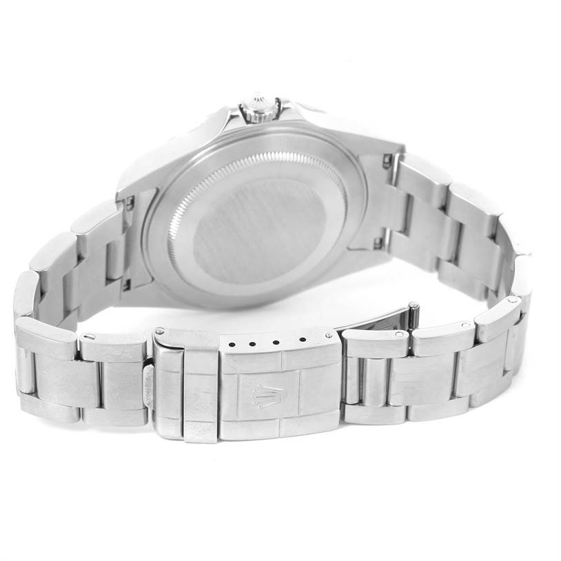 The image shows the back view of a Rolex Explorer 16570 Men's Stainless Steel White Dial 16570 Men's Stainless Steel White Dial watch, highlighting its case back, bracelet, and clasp.