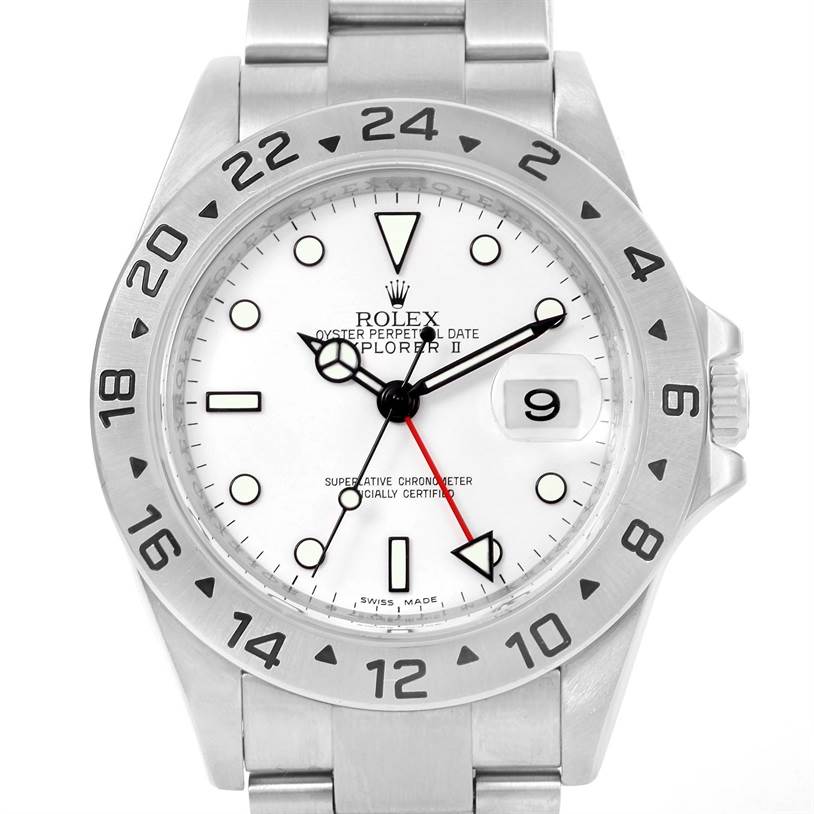 The image shows a front view of the Rolex Explorer 16570 Men's Stainless Steel White Dial 16570 Men's Stainless Steel White Dial watch displaying its face, bezel, crown, and part of the bracelet.