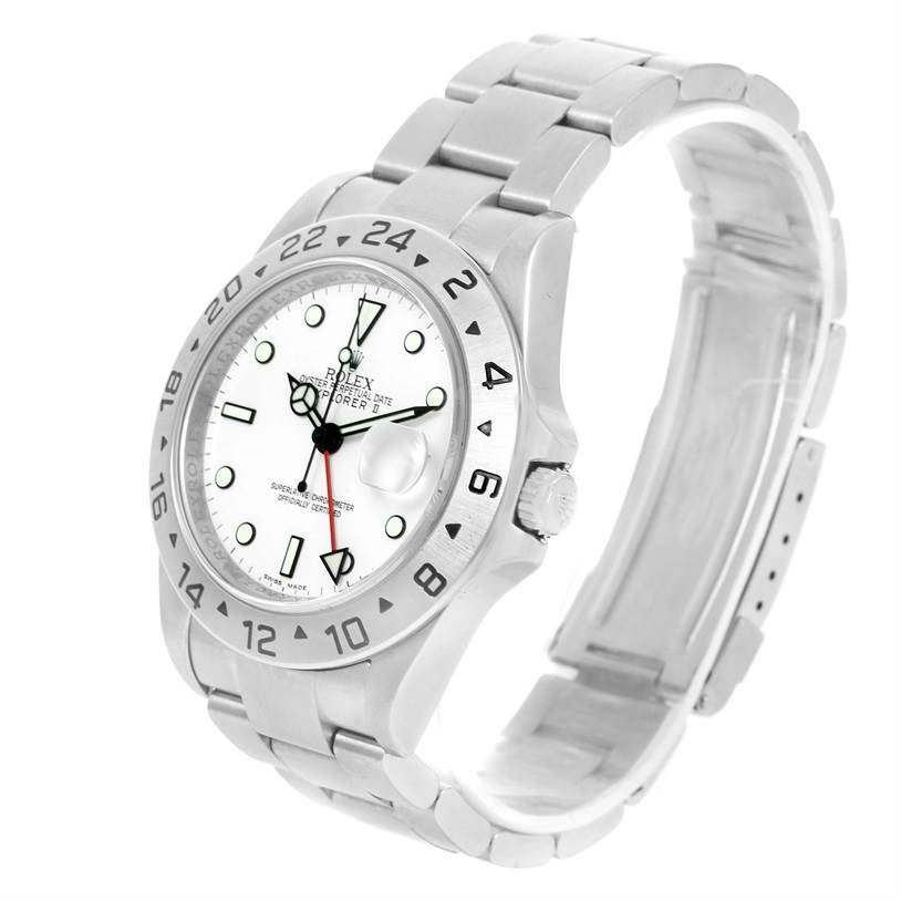 The image shows a Rolex Explorer 16570 Men's Stainless Steel White Dial 16570 Men's Stainless Steel White Dial watch angled to display the face, bezel, crown, and part of the bracelet.