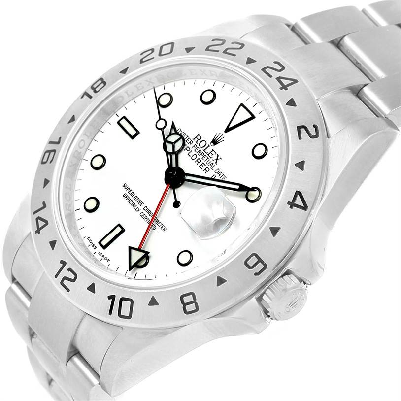 The Rolex Explorer 16570 Men's Stainless Steel White Dial 16570 Men's Stainless Steel White Dial watch is shown from an angled front view, highlighting its bezel, dial, crown, and bracelet.