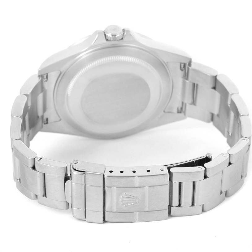This image shows the back case and bracelet clasp of a Rolex Explorer 16570 Men's Stainless Steel White Dial 16570 Men's Stainless Steel White Dial watch.