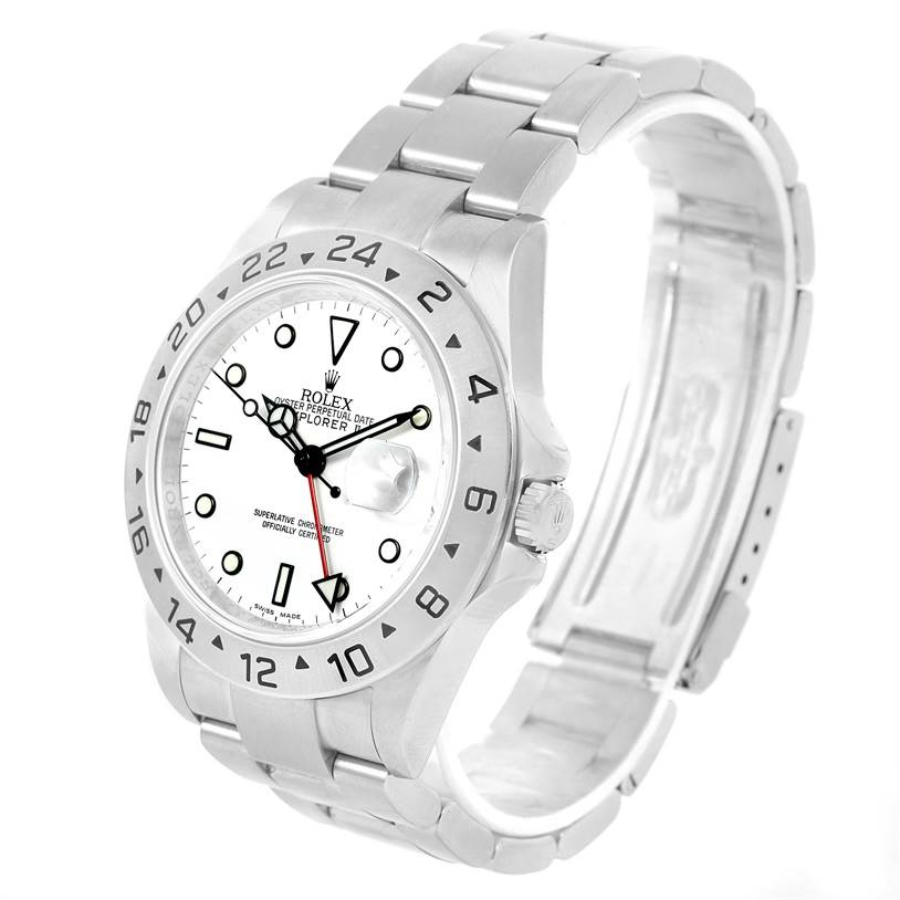 This image shows a Rolex Explorer 16570 Men's Stainless Steel White Dial 16570 Men's Stainless Steel White Dial watch at a three-quarter angle, highlighting the dial, bezel, crown, and bracelet.