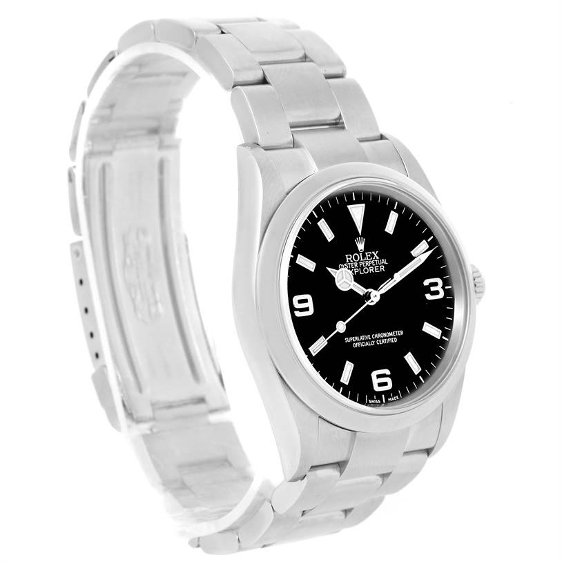 The Rolex Explorer 114270 Men's Stainless Steel Black Dial 114270 Men's Stainless Steel Black Dial watch is shown at a three-quarter angle, displaying the case, dial, crown, and bracelet.