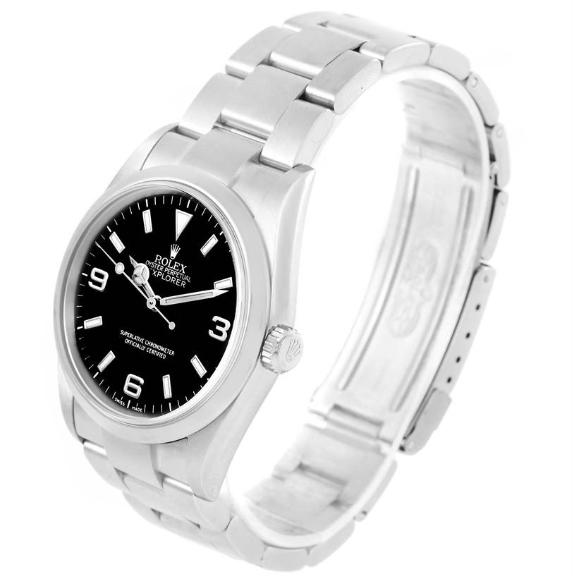 The image shows a Rolex Explorer 114270 Men's Stainless Steel Black Dial 114270 Men's Stainless Steel Black Dial watch at a slight angle showcasing its face, crown, and metal bracelet.