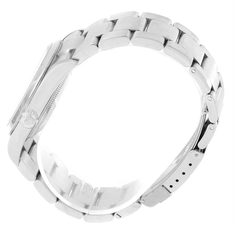 The image shows a side view of the Rolex Explorer 114270 Men's Stainless Steel Black Dial 114270 Men's Stainless Steel Black Dial watch, highlighting its bracelet and clasp.