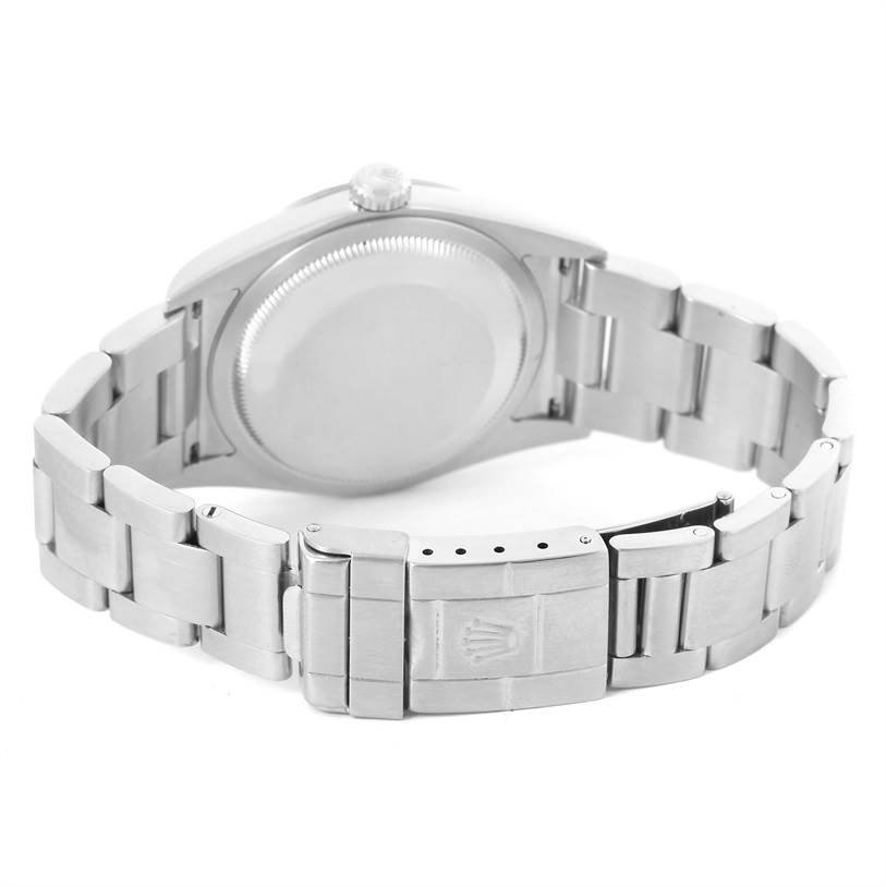 The image shows the back and clasp of the Rolex Explorer 114270 Men's Stainless Steel Black Dial 114270 Men's Stainless Steel Black Dial watch, highlighting its stainless steel bracelet.