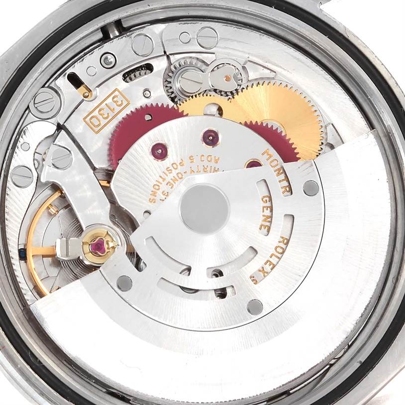 This image shows the inner movement mechanism of the Rolex Explorer 114270 Men's Stainless Steel Black Dial 114270 Men's Stainless Steel Black Dial watch from a top-down angle.
