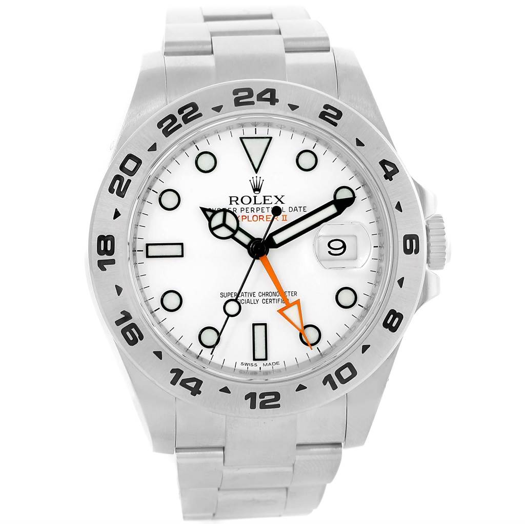 The Rolex Explorer 216570 Men's Stainless Steel White Dial 216570 Men's Stainless Steel White Dial watch is shown from a front angle, displaying the dial, hands, and part of the bracelet.