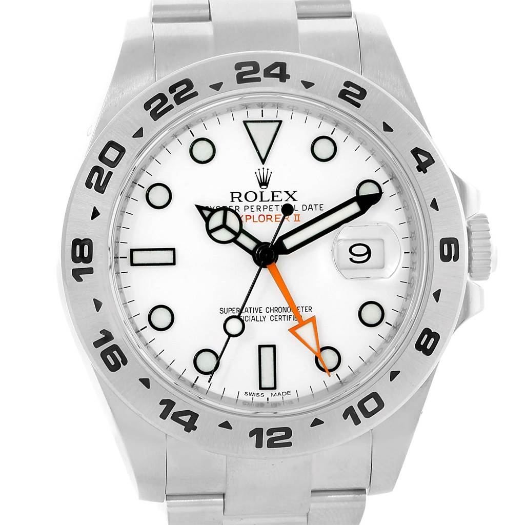 This image shows the face, bezel, and part of the bracelet of a Rolex Explorer 216570 Men's Stainless Steel White Dial 216570 Men's Stainless Steel White Dial watch.