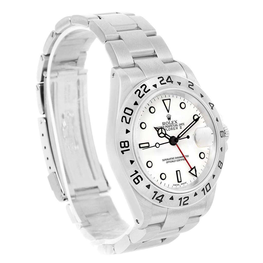 The Rolex Explorer 16570 Men
s Stainless Steel White Dial 16570 Men
s Stainless Steel White Dial watch is shown at a slight angle, highlighting the face, bezel, and bracelet.