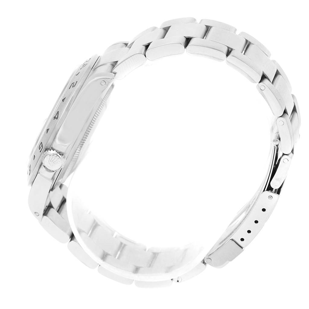 This image shows a side profile of a Rolex Explorer 16570 Men
s Stainless Steel White Dial 16570 Men
s Stainless Steel White Dial watch, highlighting the bracelet, clasp, and crown.