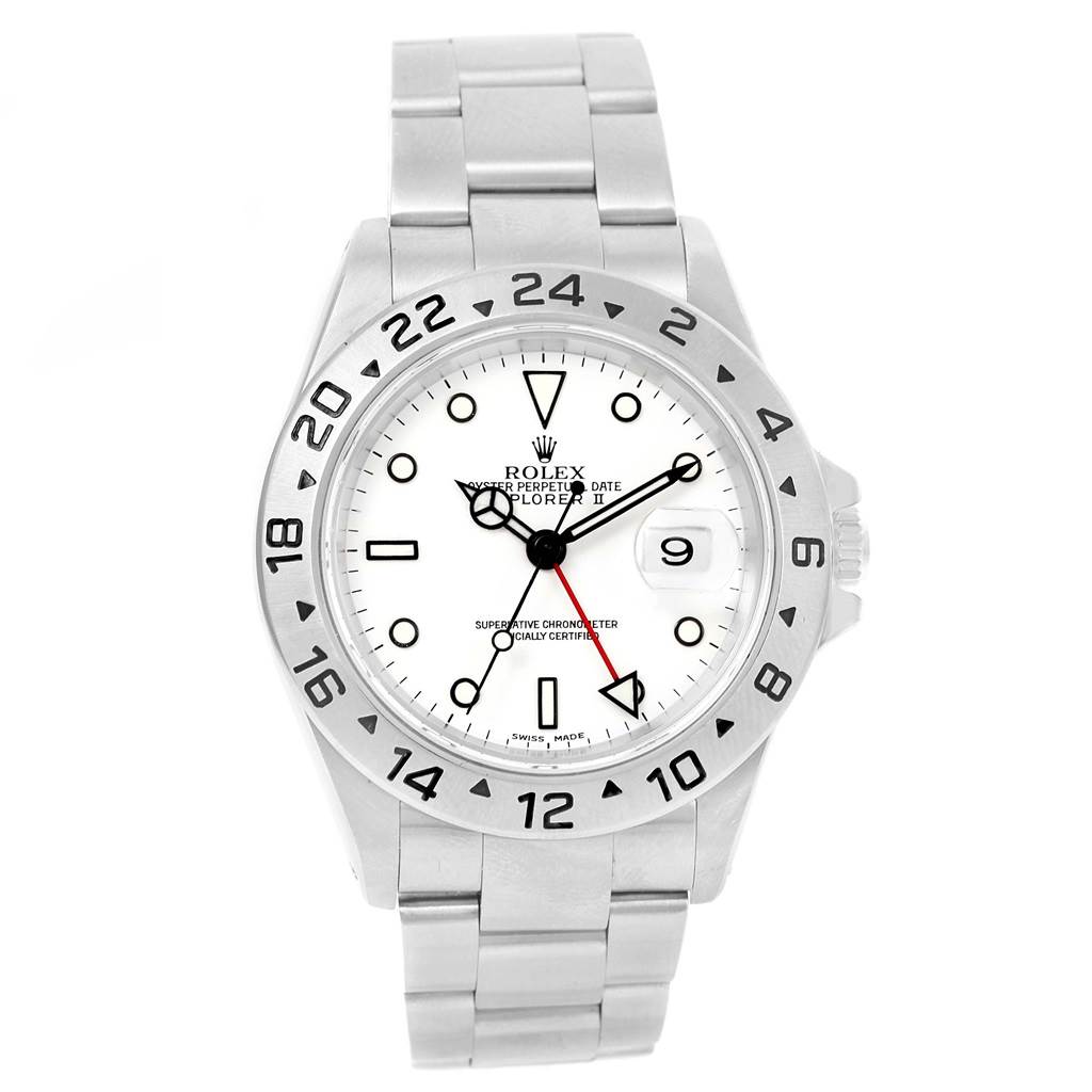The image shows a front view of a Rolex Explorer 16570 Men
s Stainless Steel White Dial 16570 Men
s Stainless Steel White Dial watch, featuring the full face, bezel, and bracelet.