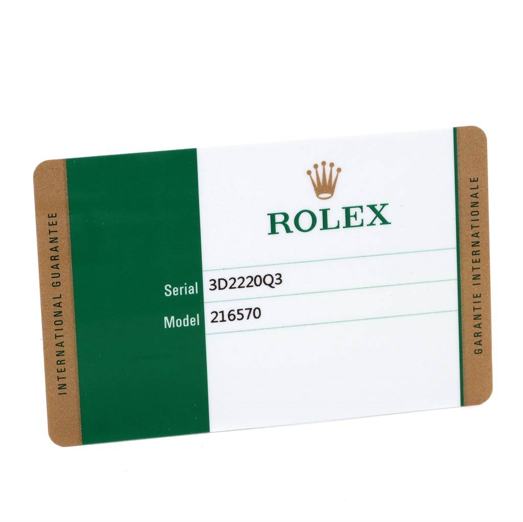 This image shows the international guarantee card for the Rolex Explorer 216570 Men
s Stainless Steel White Dial 216570 Men
s Stainless Steel White Dial model 216570.