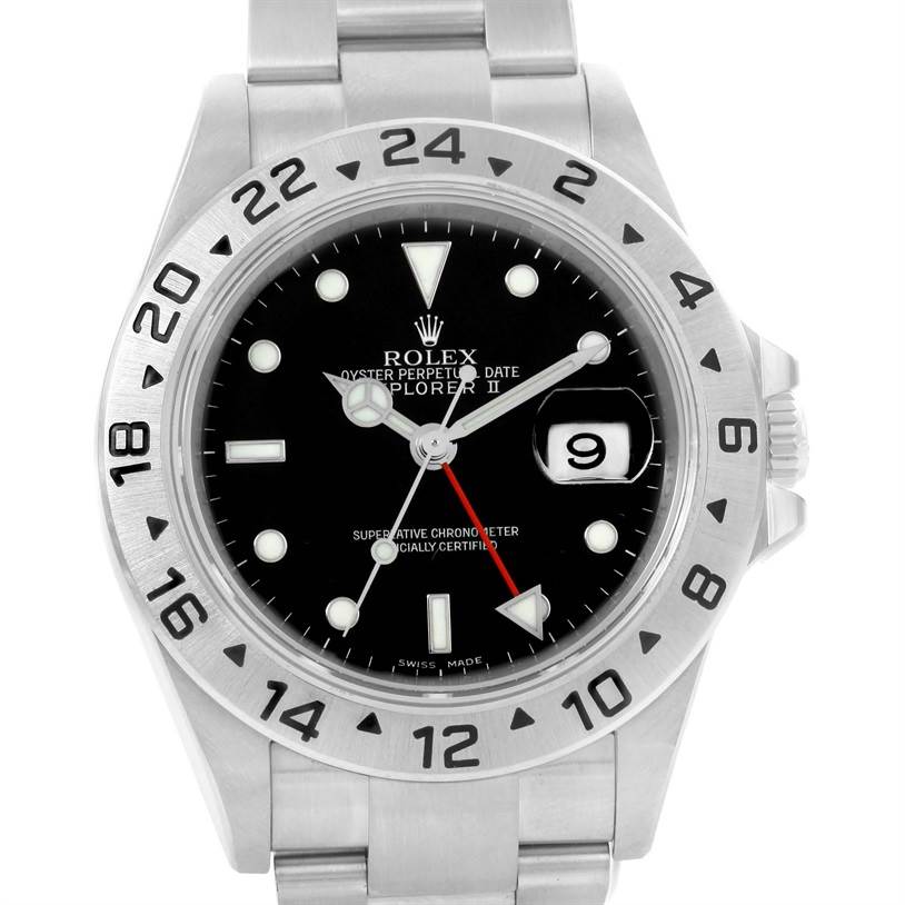 The image shows a front view of the Rolex Explorer 16570 Men's Stainless Steel Black Dial 16570 Men's Stainless Steel Black Dial watch, displaying its dial, bezel, and bracelet.