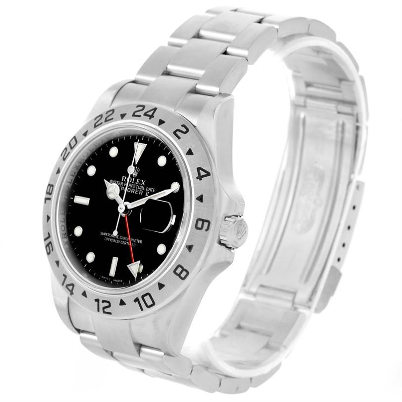 This Rolex Explorer 16570 Men's Stainless Steel Black Dial 16570 Men's Stainless Steel Black Dial watch is shown at an angle highlighting the face, bezel, crown, and stainless steel bracelet.