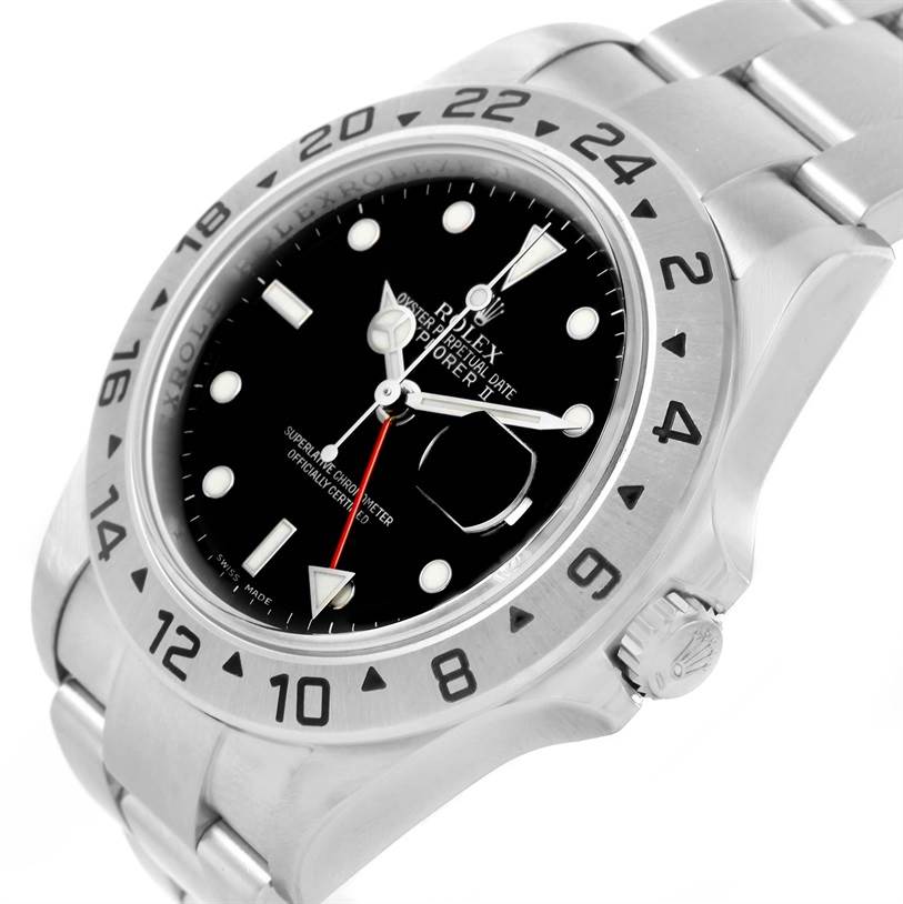 The image shows a Rolex Explorer 16570 Men's Stainless Steel Black Dial 16570 Men's Stainless Steel Black Dial model watch viewed at an angle, highlighting the bezel, crown, dial, and bracelet.