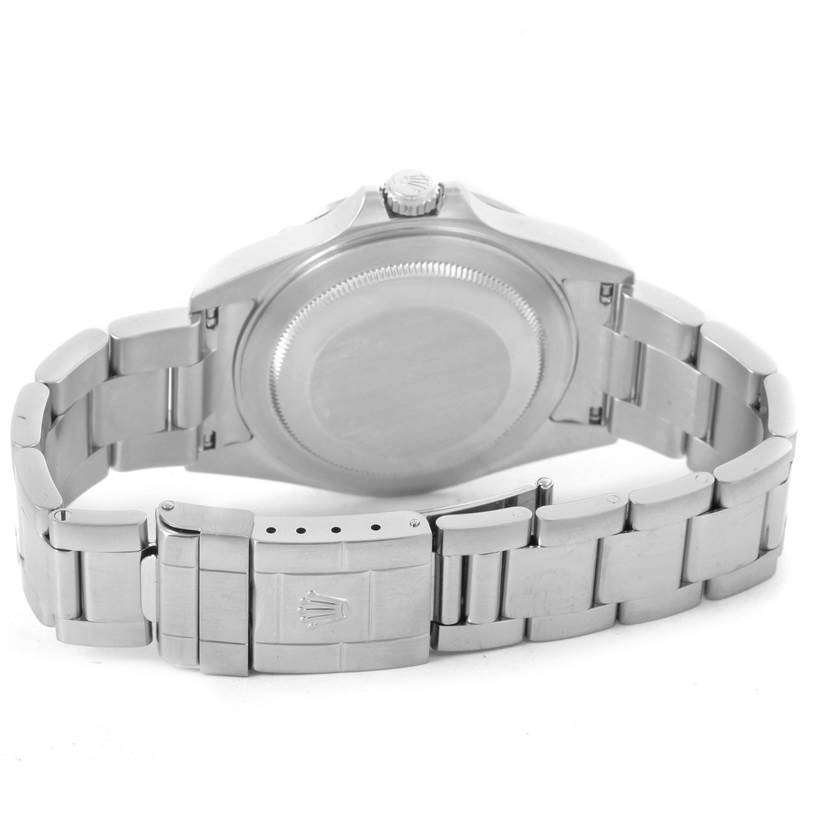 This image shows the back case and bracelet of the Rolex Explorer 16570 Men's Stainless Steel Black Dial 16570 Men's Stainless Steel Black Dial watch.